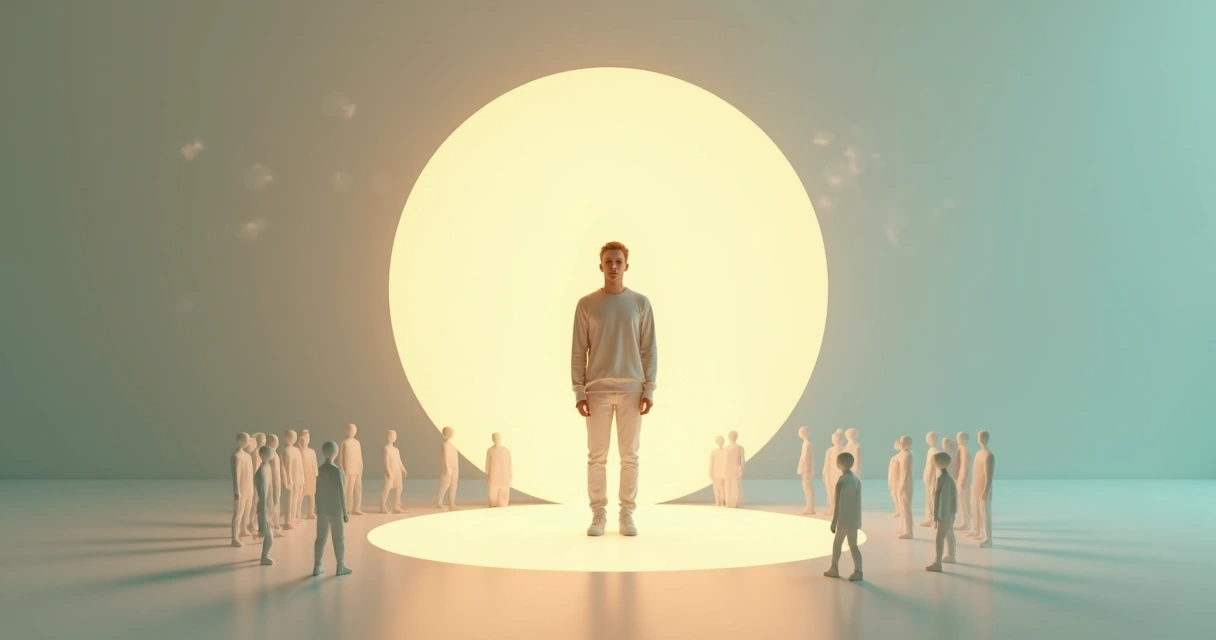 Pessoa em pé no centro de um círculo de luz delimitando limites emocionais saudáveis 