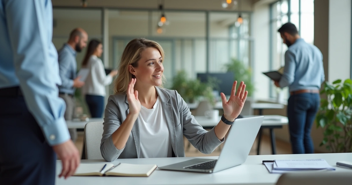 Profissional em escritório mantendo distância saudável em reunião de trabalho 