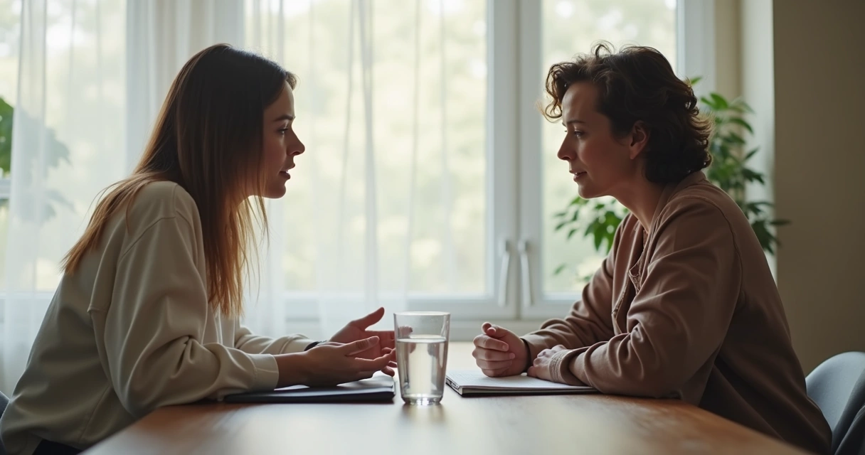 Dos personas conversando con calma y límites emocionales claros