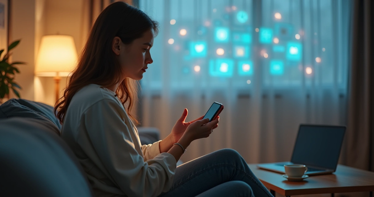 Persona joven con móvil estableciendo límites digitales en un entorno tranquilo 