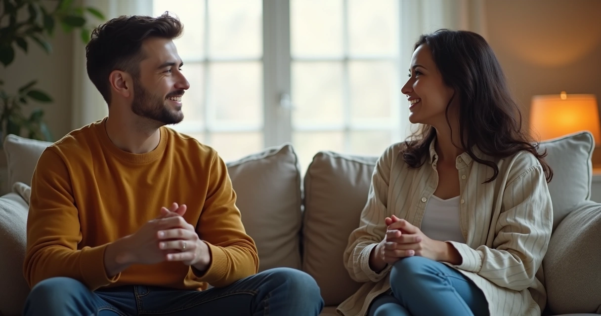 Pareja sentada en un sofá mirándose de frente, conversando de manera calmada y respetuosa 