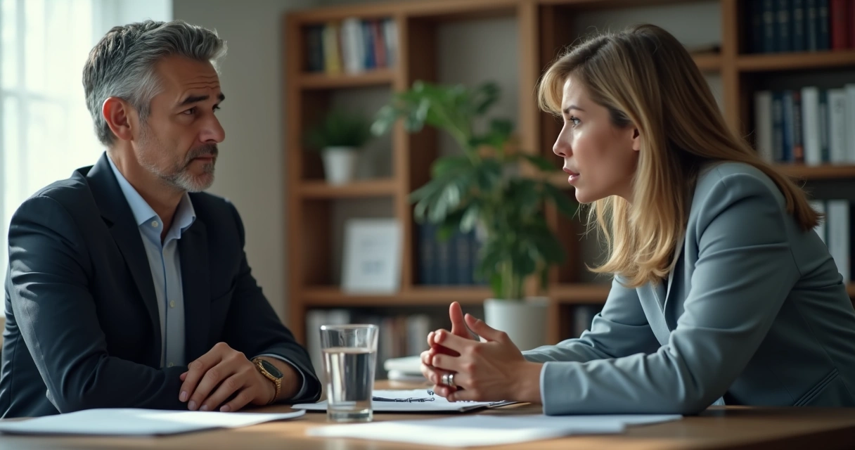 Duas pessoas em uma sala conversando, cada uma demonstrando emoções diferentes.