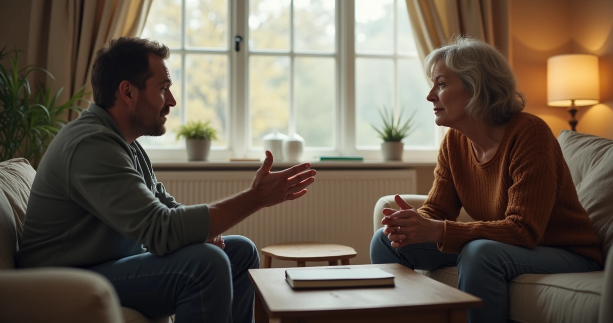 Dos personas conversando con respeto en una sala tranquila