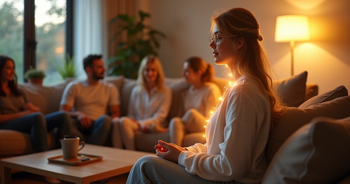 Pessoa em reunião social envolvida por um campo de luz representando limites energéticos saudáveis 