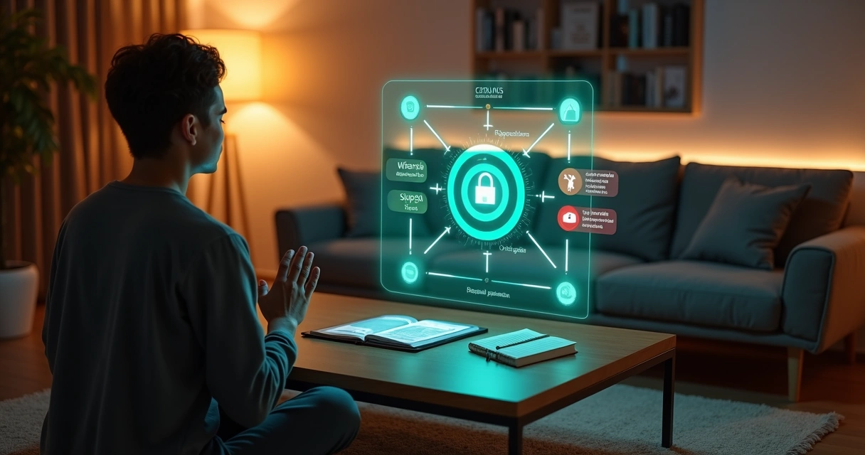 Pessoa definindo limites éticos com assistente virtual em ambiente sereno 