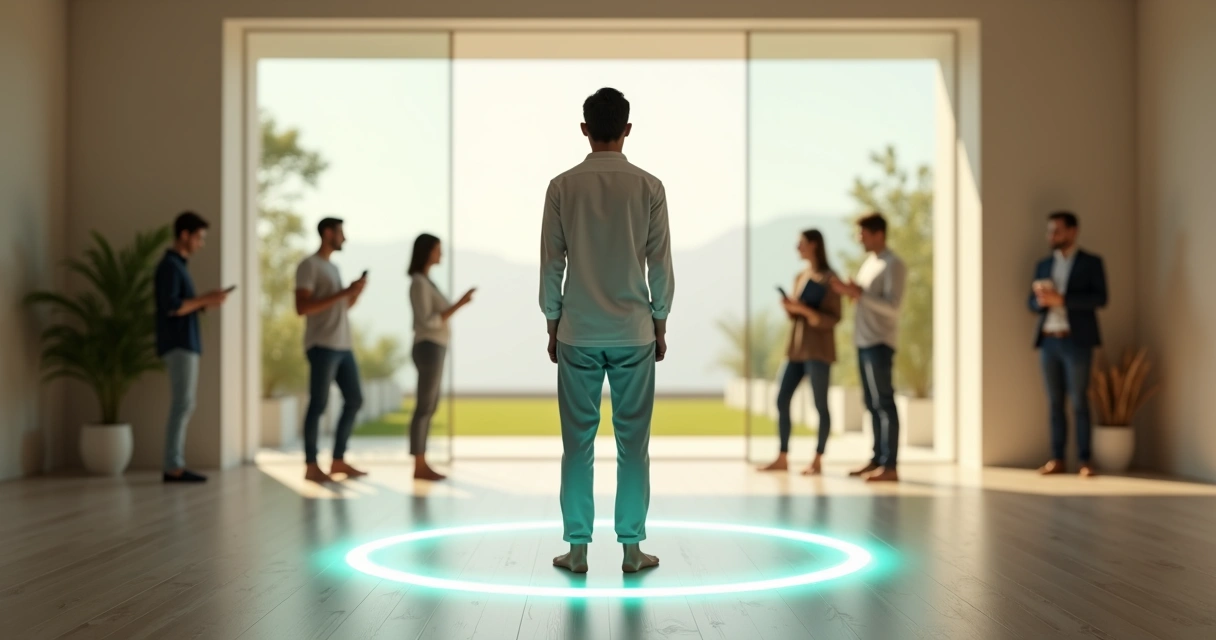 Persona marcando un círculo luminoso en el suelo para definir su espacio personal y ético 