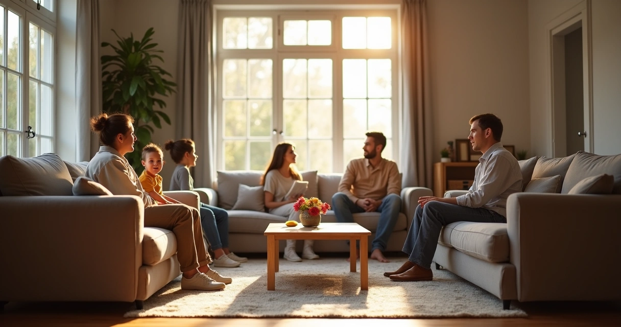 Familia conversando con espacios personales claros en una sala 