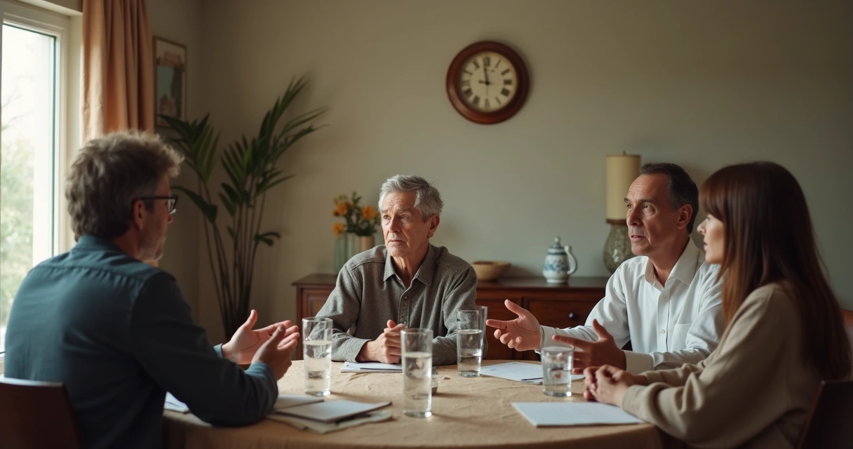 Família em reunião séria com postura respeitosa