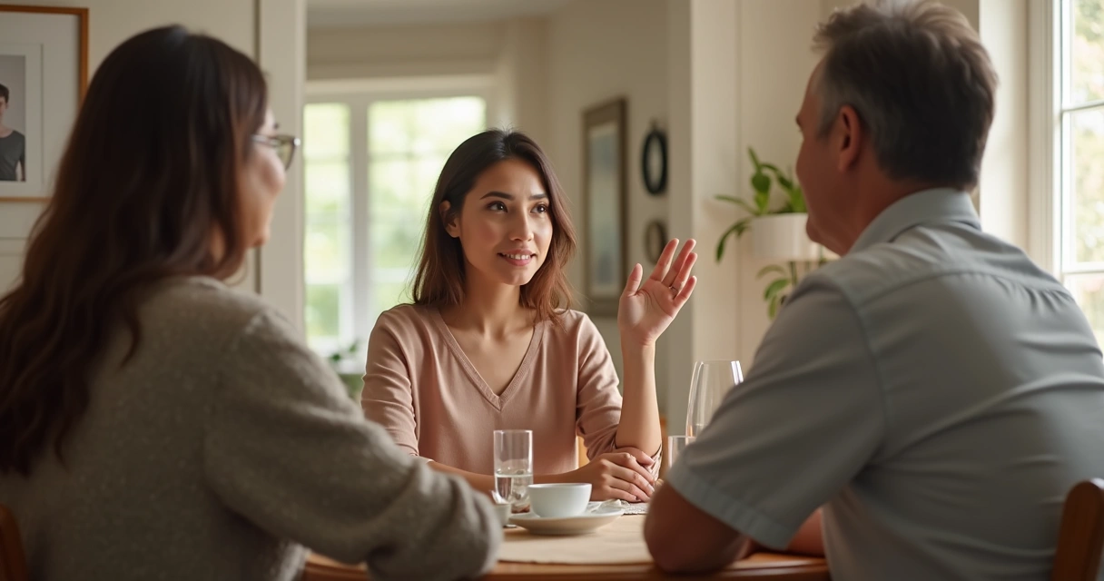 Jovem mulher conversando com adultos em mesa de jantar 