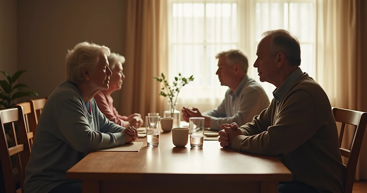 Família conversando à mesa com expressão séria e respeitosa 