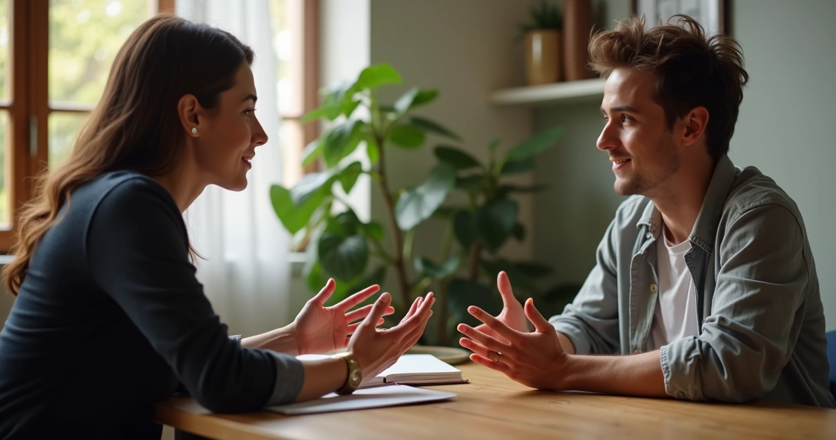 Pessoa conversando à mesa com postura firme e expressão amigável 