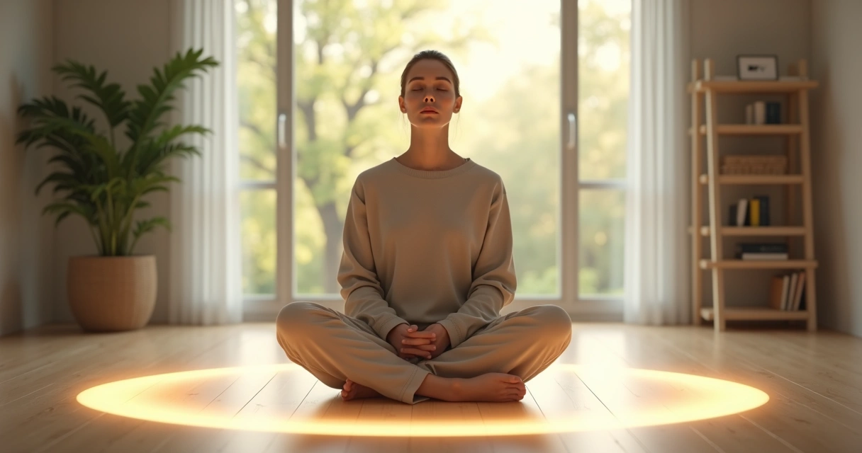 Pessoa sentada em paz delimitando um círculo de luz ao redor de si 