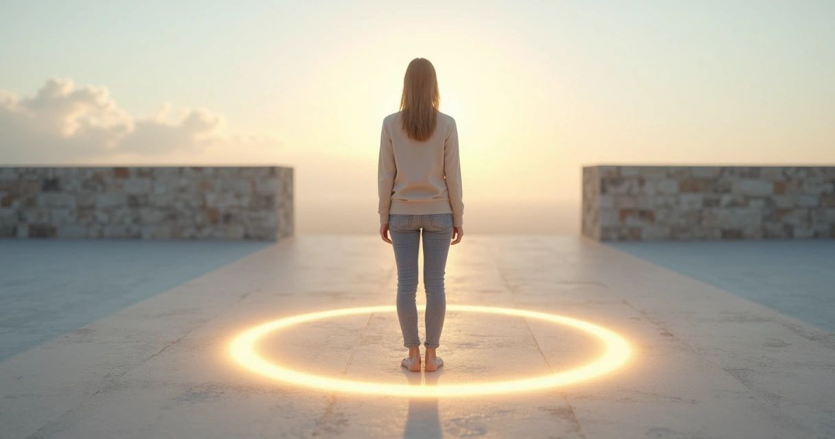 Pessoa em pé diante de uma linha luminosa no chão separando espaço aberto de um muro baixo ao fundo 