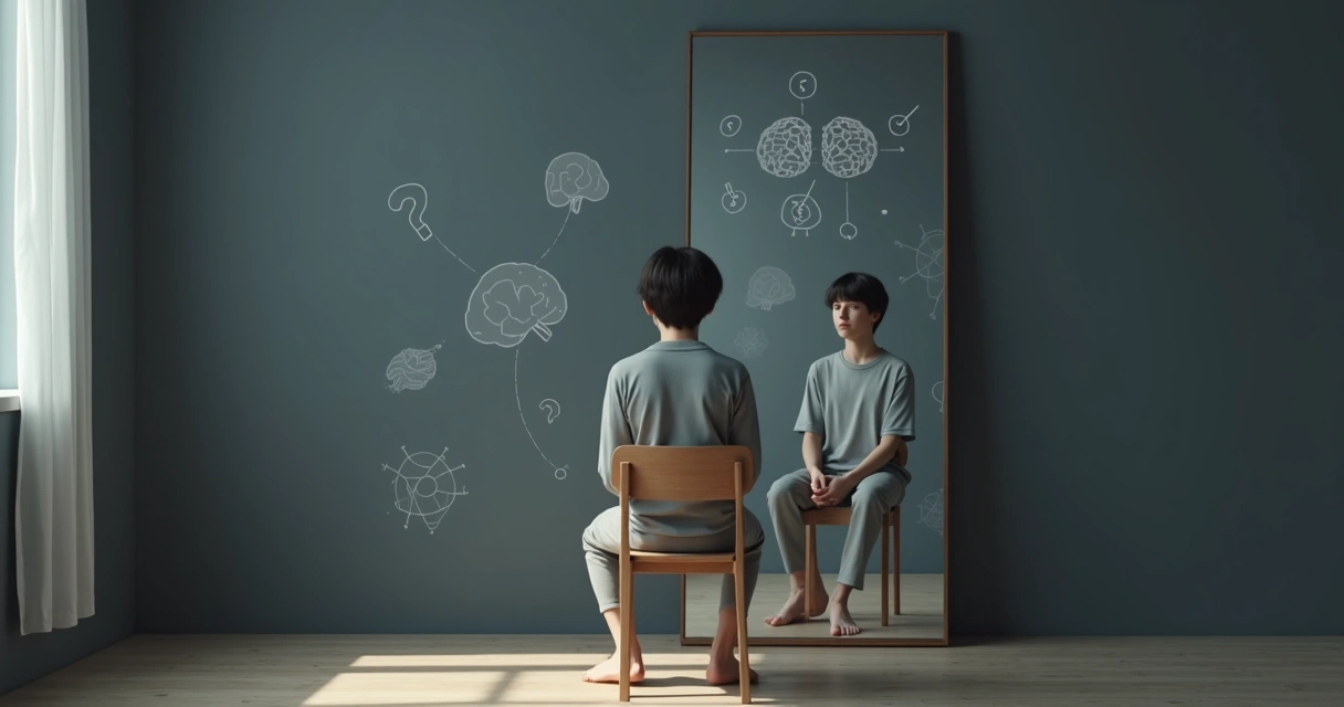 Pessoa sentada diante do espelho cercada por reflexos fragmentados da própria mente 