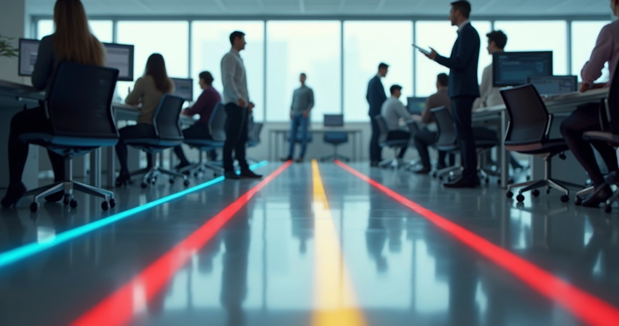 Linhas desenhadas no chão separando pessoas em um escritório, sugerindo fronteiras invisíveis