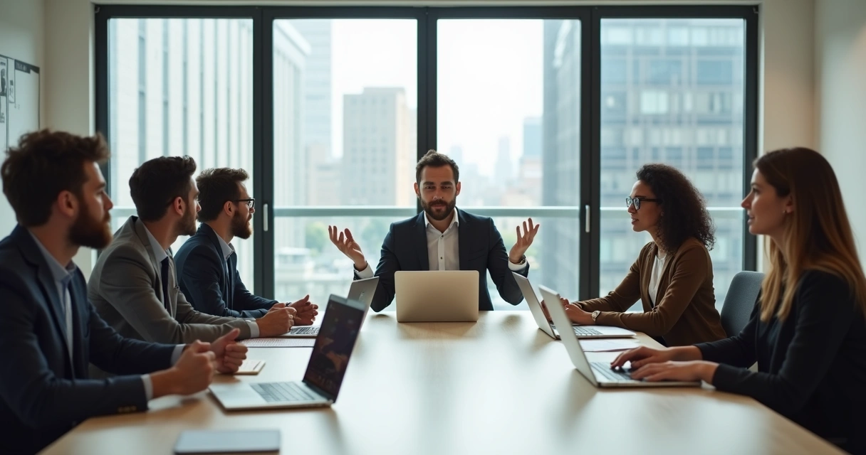 Grupo de colegas en una oficina moderna poniendo límites claros durante una reunión, cada uno expresando su punto de vista de forma amable 