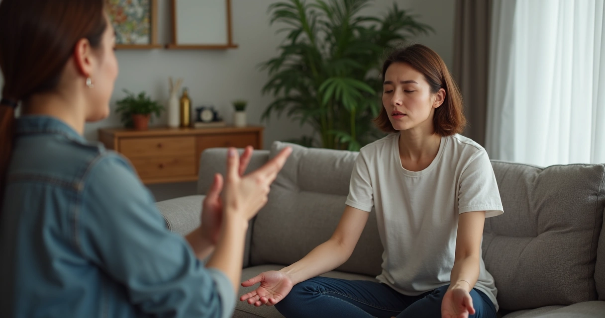 Duas pessoas discutindo em casa, uma tentando praticar mindfulness sentado no sofá.