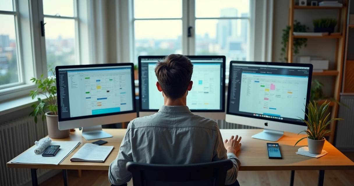 Persona en escritorio con varias pantallas deteniéndose a respirar con calma 