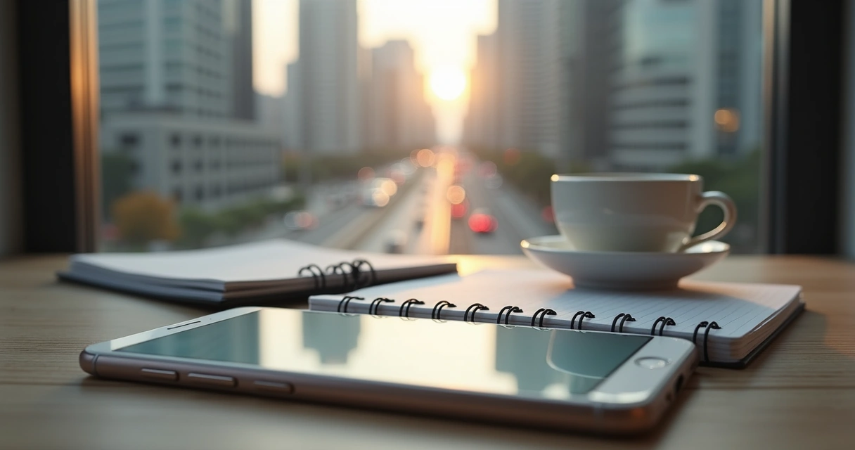 Mesa com celular fechado, caderno e janela com vista urbana