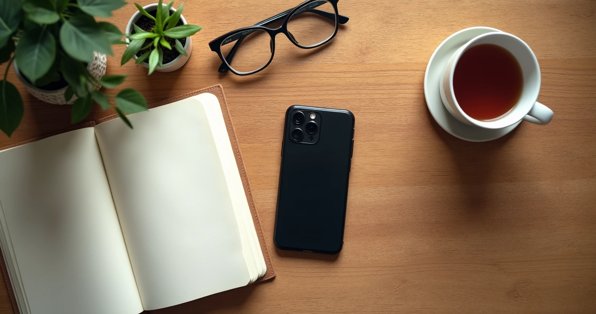 Celular ao lado de caderno e xícara em mesa com luz suave