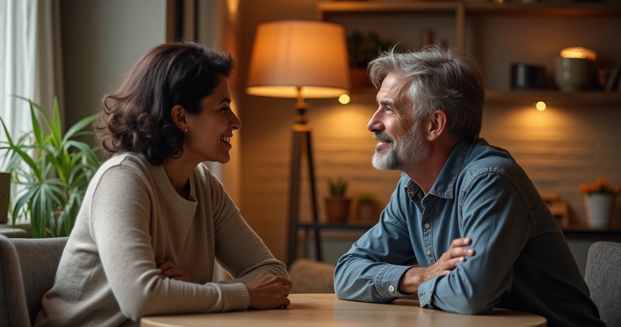 Dos personas conversando, una establece un límite personal de manera respetuosa.