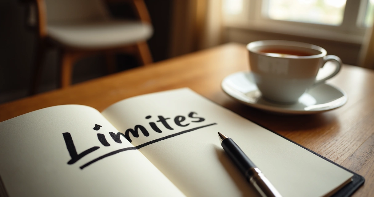 Cuaderno abierto con la palabra límites junto a una taza y una ventana 
