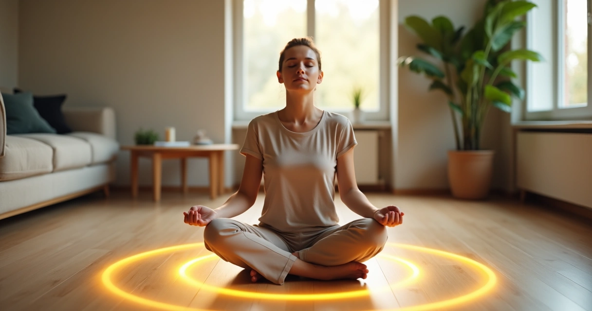 Persona meditando en calma frente a una línea luminosa que marca sus límites personales 