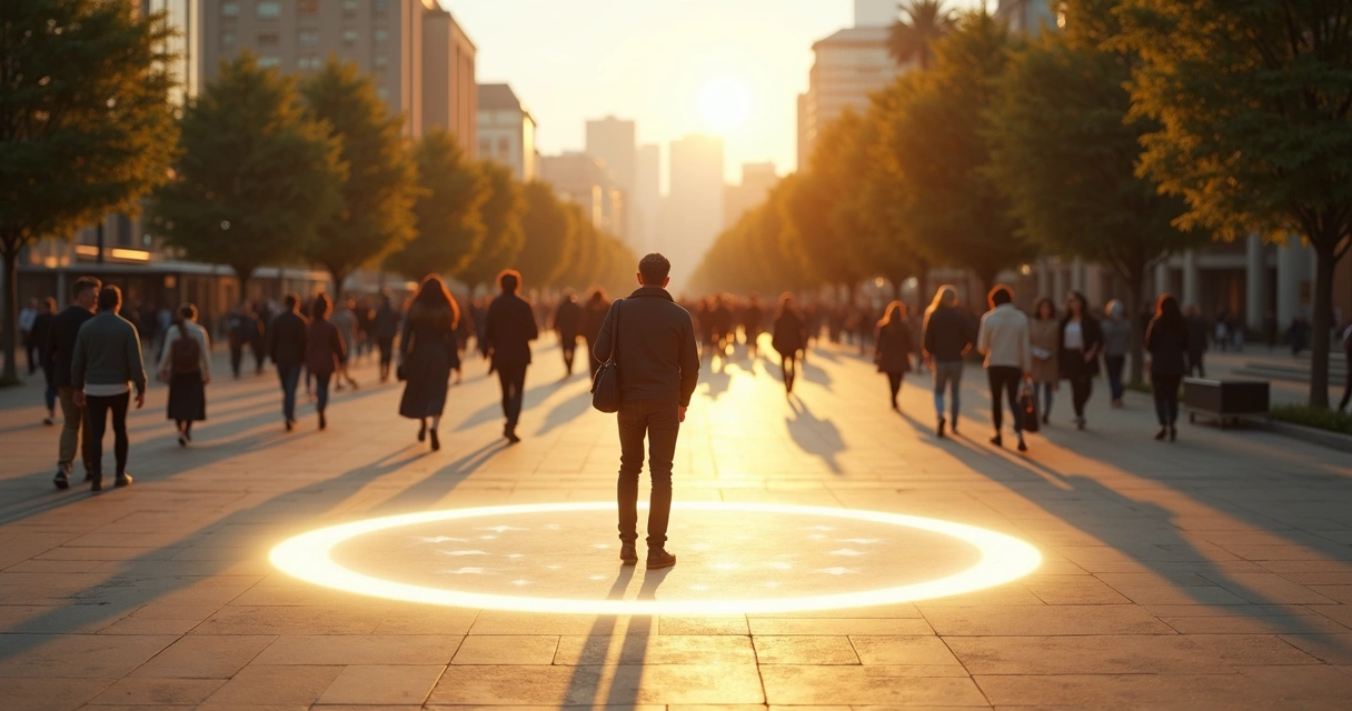Persona creando un círculo luminoso a su alrededor en una plaza llena de gente 