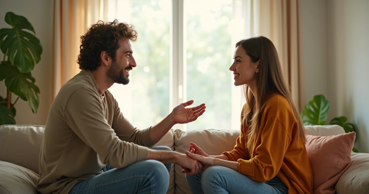 Pareja dialogando sobre sus límites personales sentados frente a frente en una sala de estar luminosa, ambos con gestos serenos y una planta al fondo 