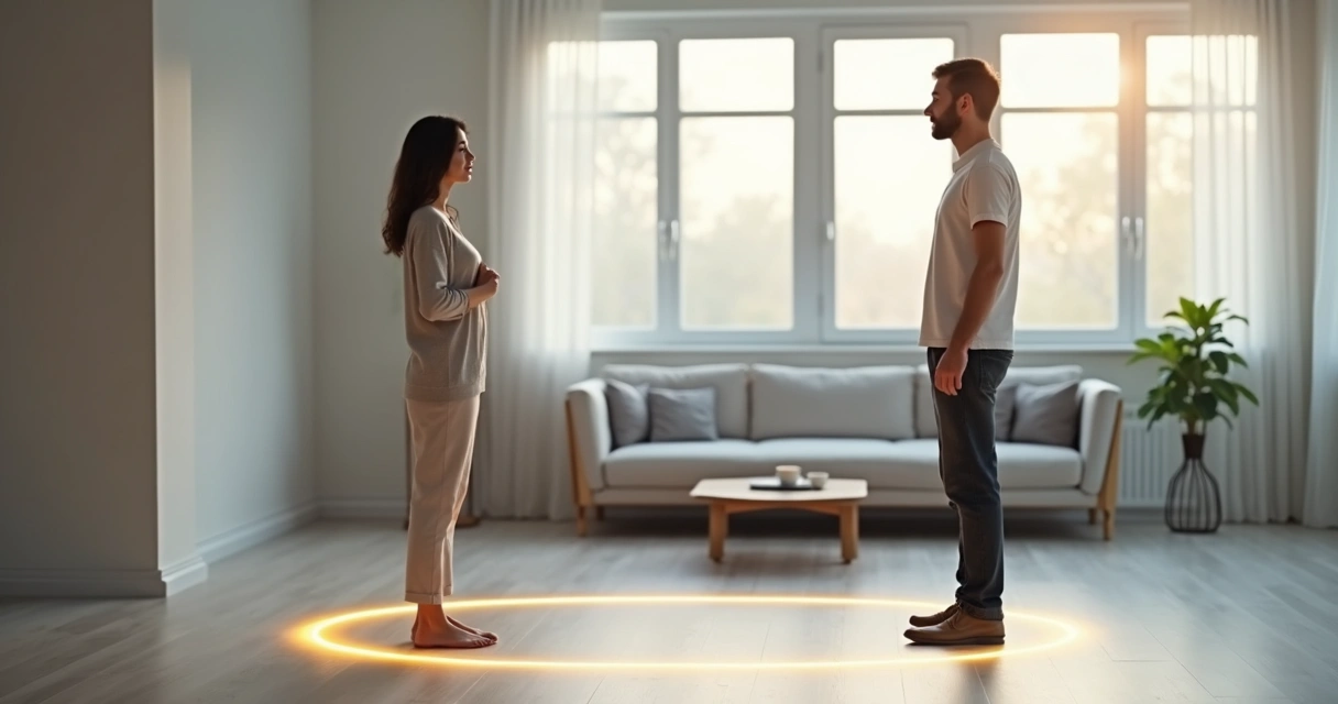 Persona marcando con la mano una línea imaginaria entre ella y otra persona en un entorno tranquilo 