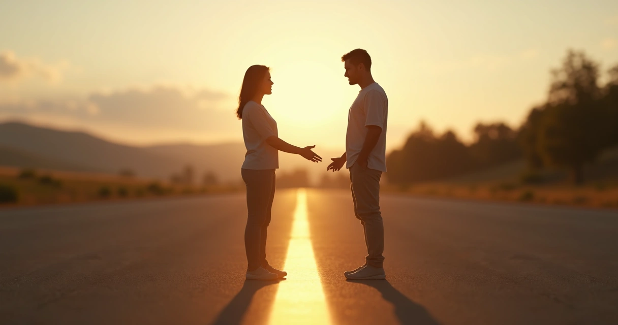Duas pessoas em lados opostos de uma linha luminosa alinhando limites em uma paisagem serena 