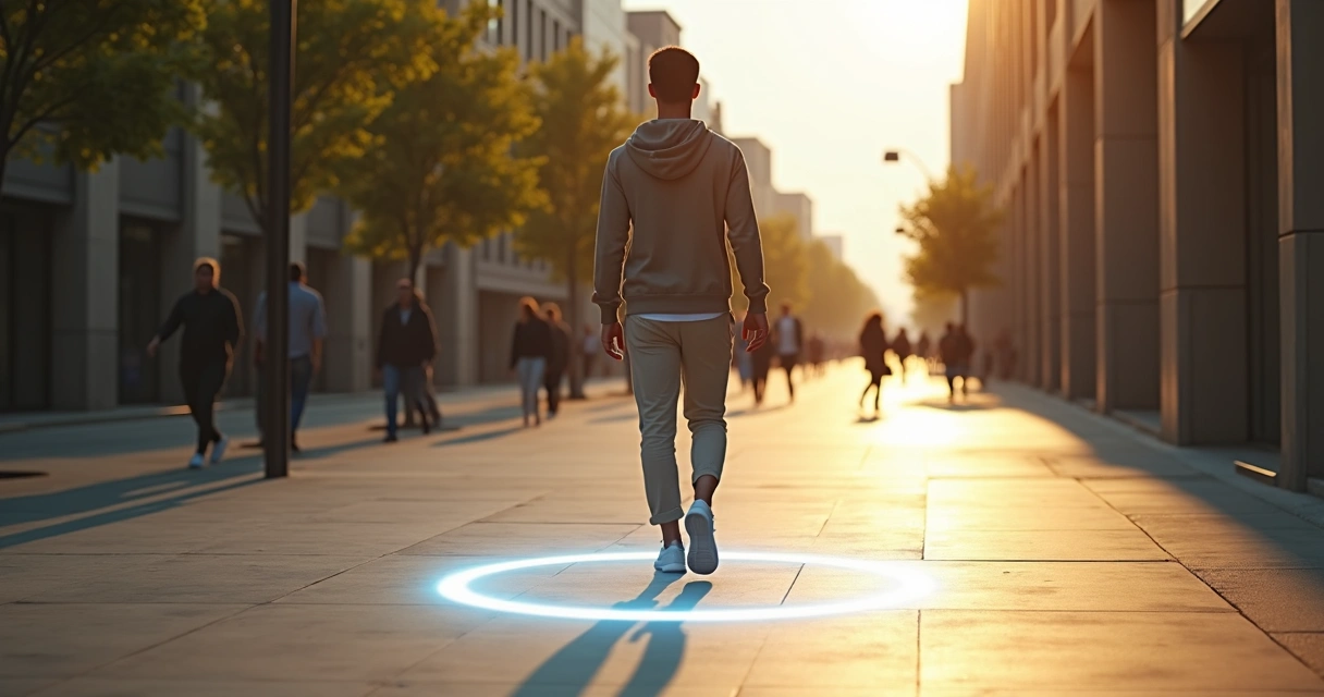 Pessoa caminhando em calçada com fronteira luminosa protegendo seu espaço pessoal 
