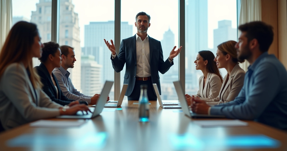 Profissionais em reunião separados por linhas sutis representando limites pessoais no trabalho 