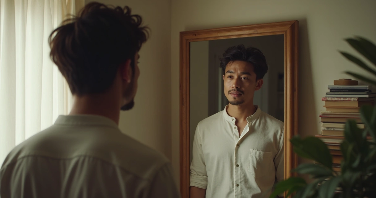 Homem olhando para o espelho com expressão reflexiva, ambiente sereno 
