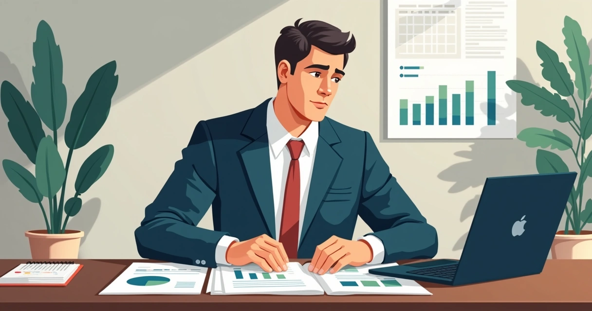 Profissional de alta renda analisando relatório médico em mesa de escritório com planilhas e laptop 