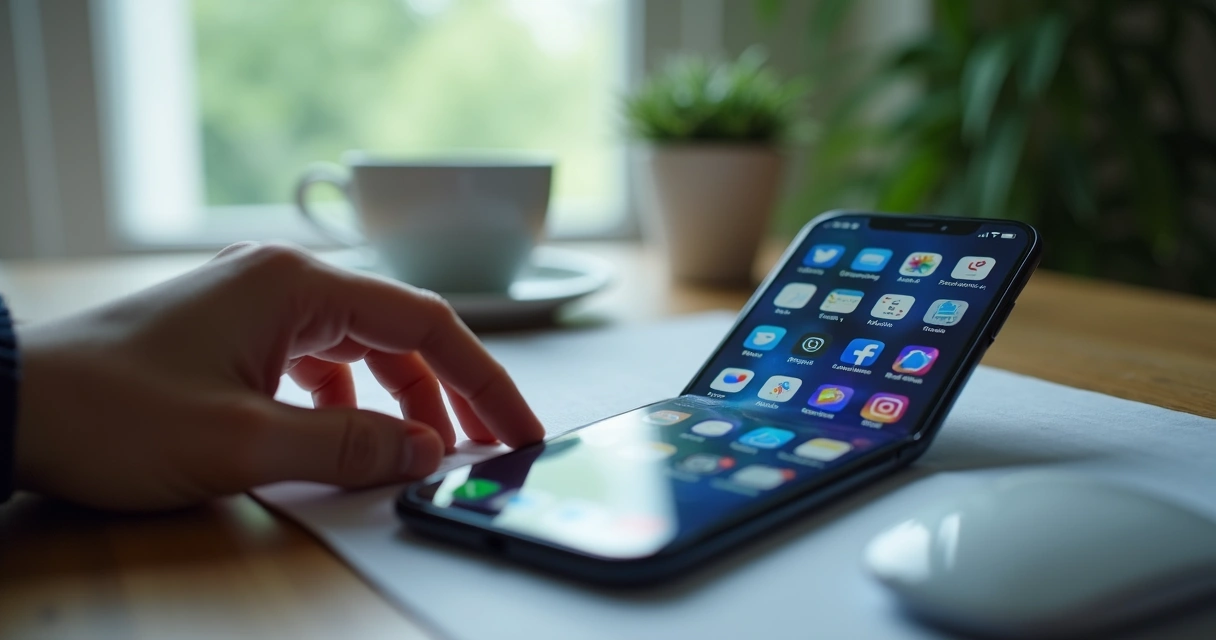 Tela de celular com conversa pausada e ambiente calmo de trabalho