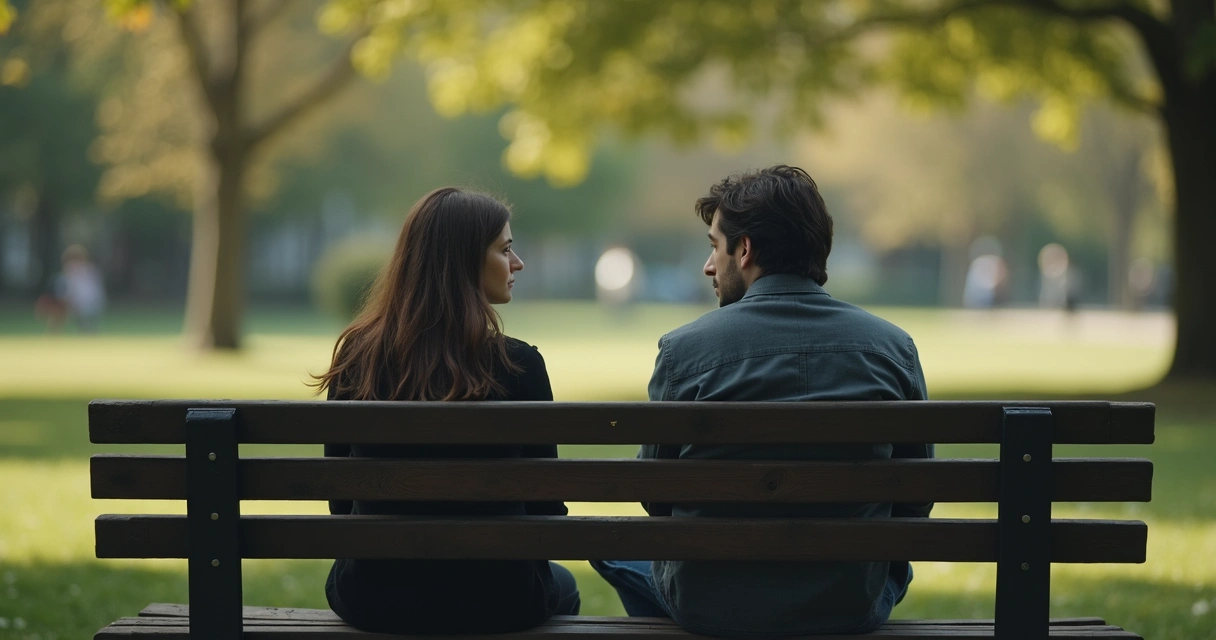 Duas pessoas sentadas em um banco de praça, cada uma olhando para um lado, parecendo distantes, mostrando desconexão em um relacionamento.