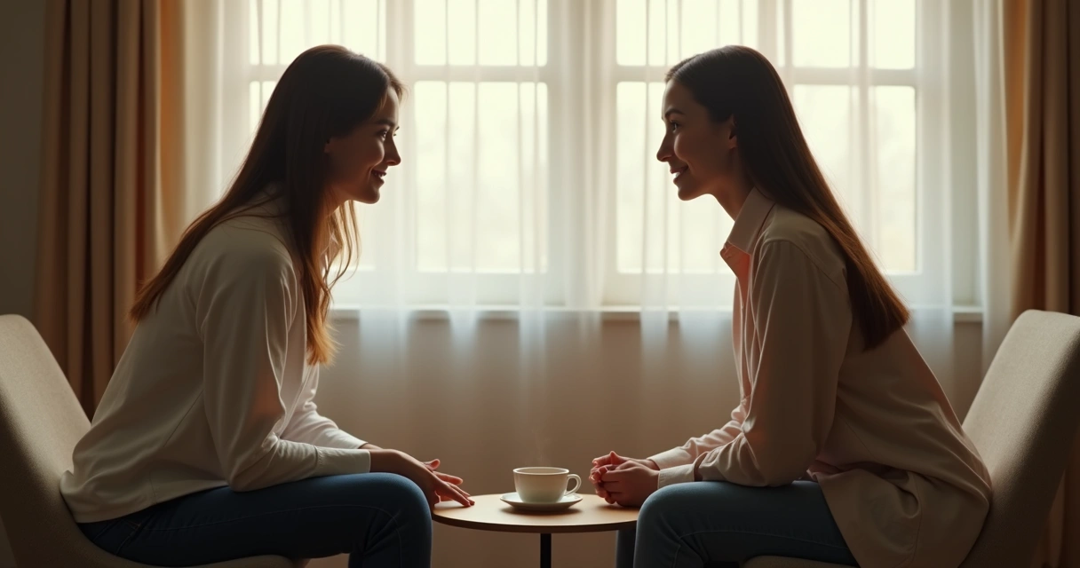 Duas pessoas sentadas frente a frente, com um espaço propositadamente marcado entre elas numa sala neutra 