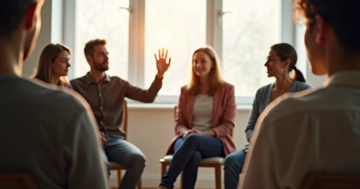 Mano alzada en señal de alto en un entorno de conversación grupal 