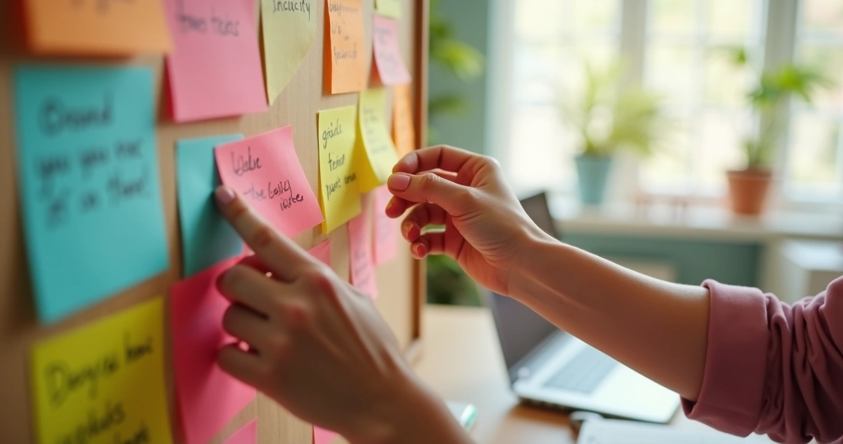 Pessoa colocando post-it com anotações em mural colorido. 
