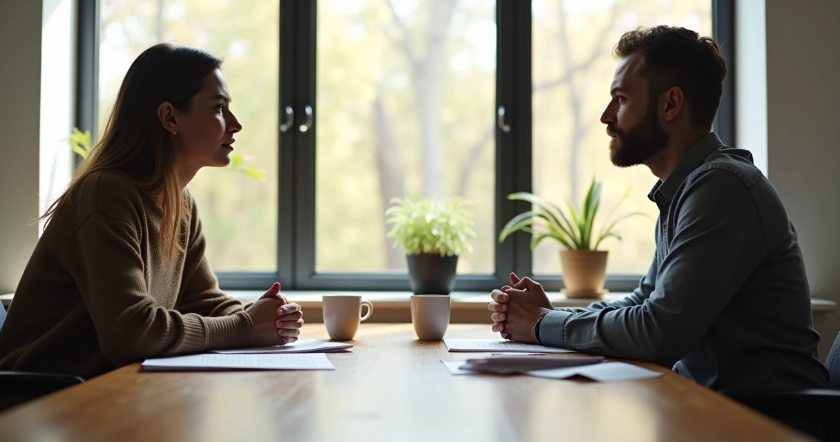 Duas pessoas conversando em uma mesa, cada uma com espaço próprio, expressão de respeito