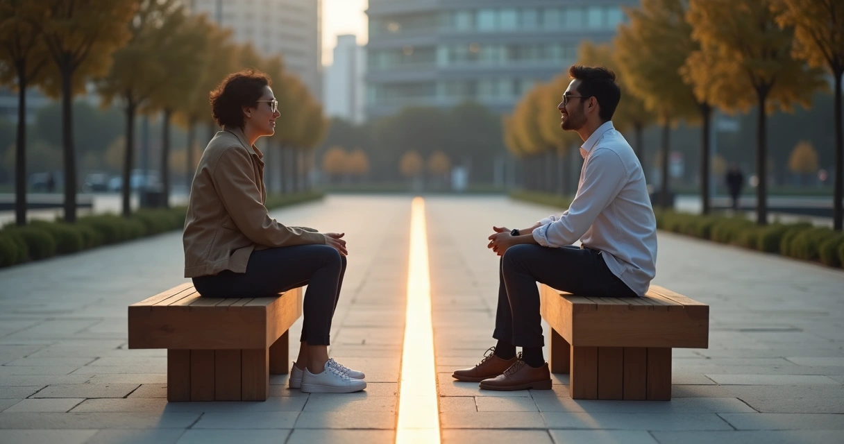 Dois amigos conversando sentados em bancos separados por linha de luz no chão 