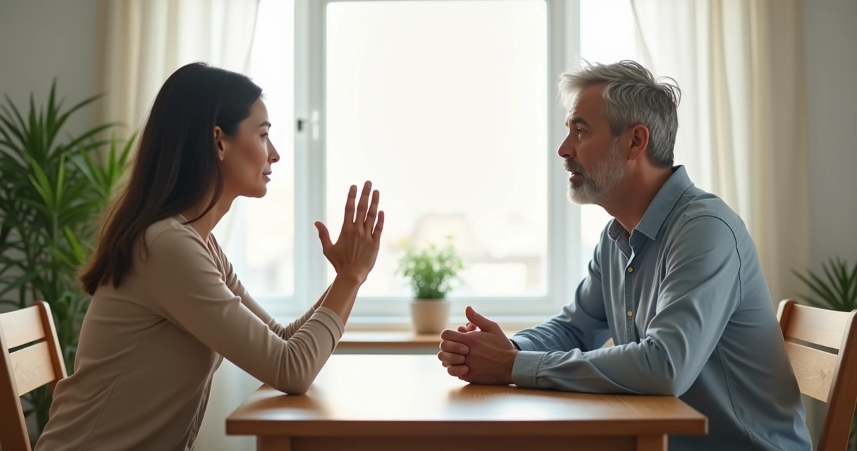 Dos personas conversando frente a frente con un gesto calmado marcando un límite respetuoso 