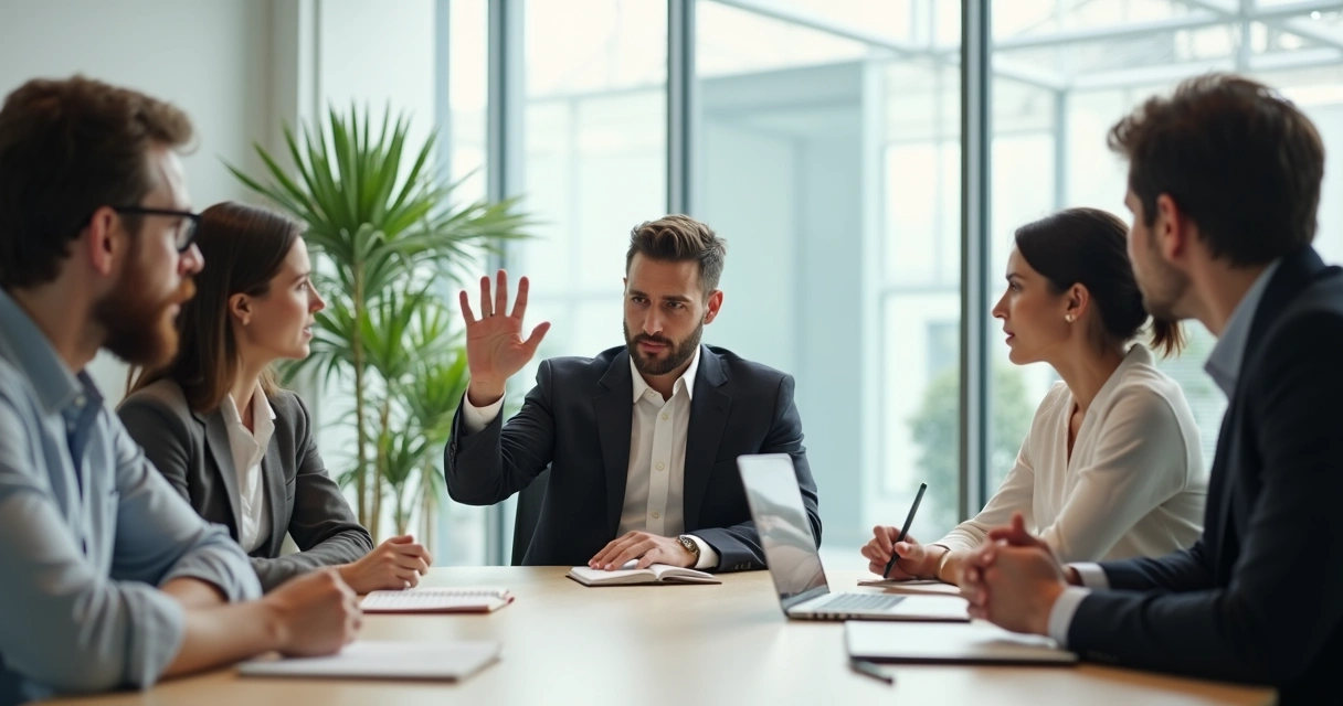Profesional poniendo un límite sano durante una reunión laboral 
