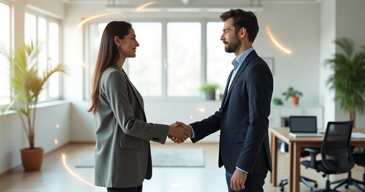 Dos colegas estrechando la mano entre líneas claras que simbolizan límites saludables en la oficina 