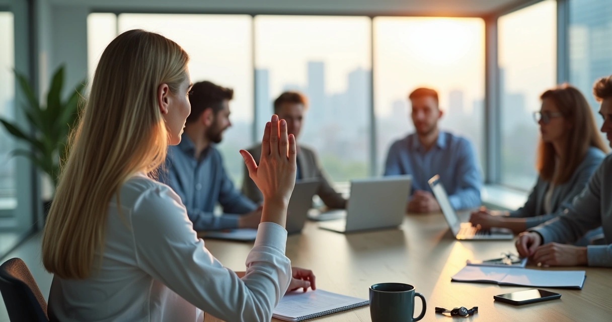 Profesional en oficina señalando un límite saludable en reunión de trabajo 