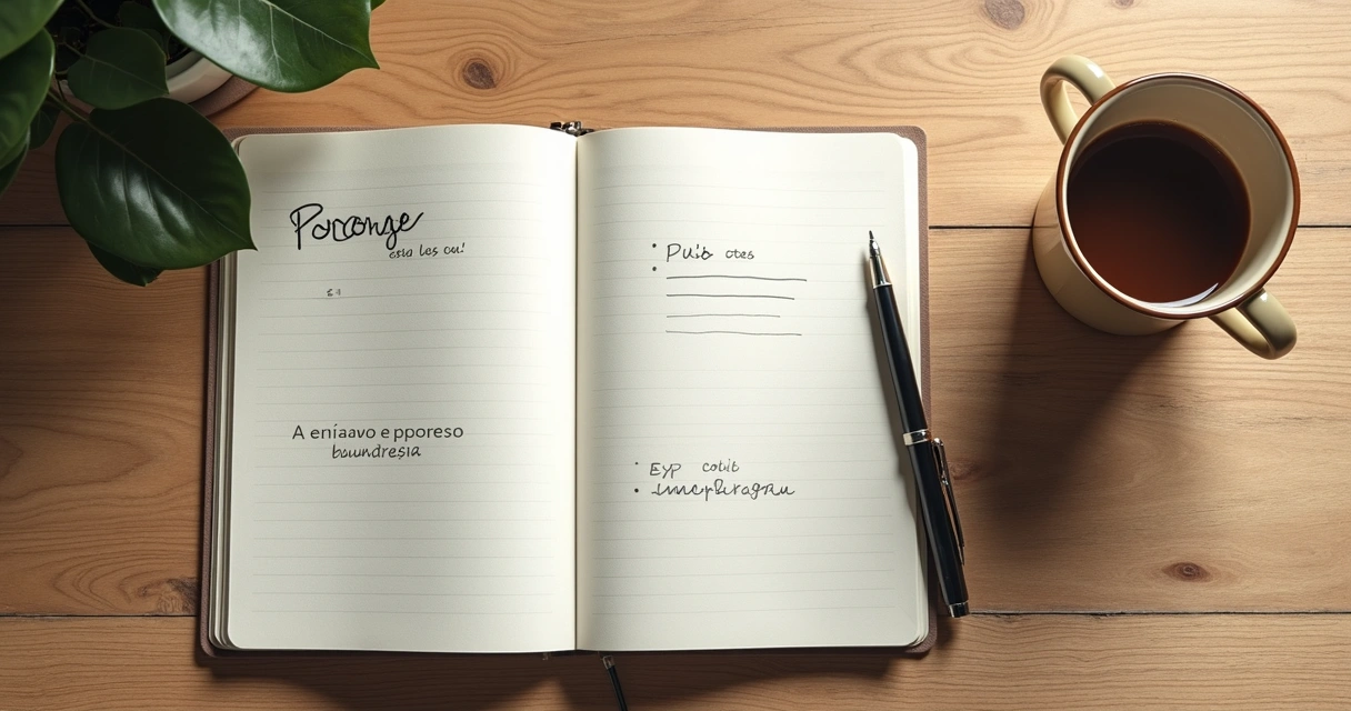 Cuaderno abierto con lista de límites personales y taza de café 