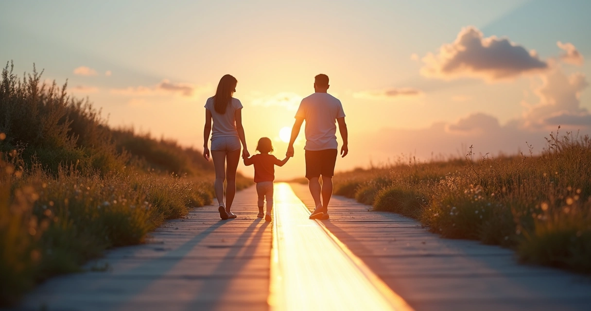 Pai yendo de la mano con su hijo sobre una línea de luz que separa dos zonas en equilibrio 
