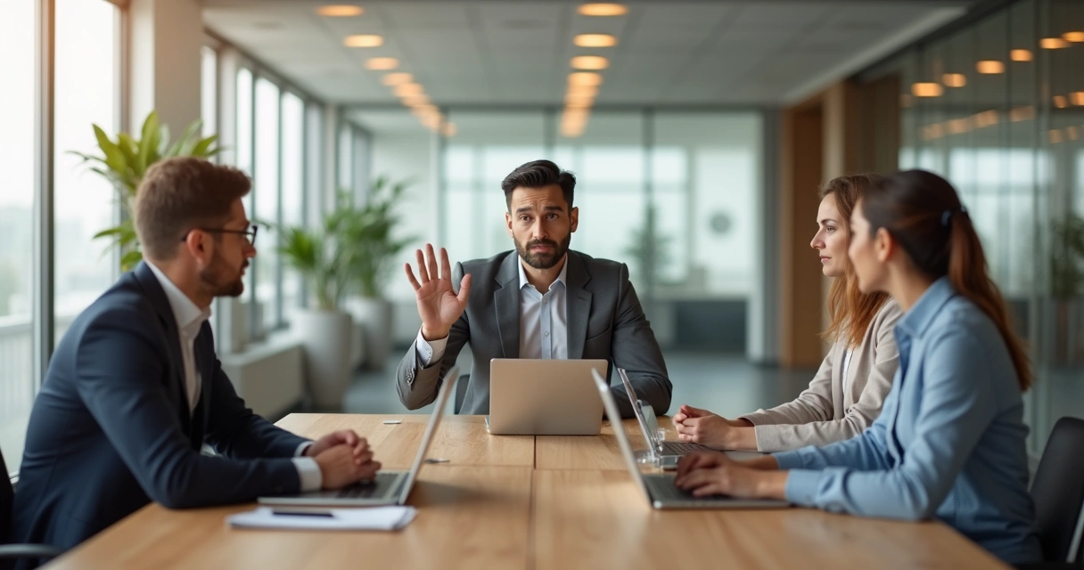 Dos colegas en una reunión de oficina marcando límites con calma 