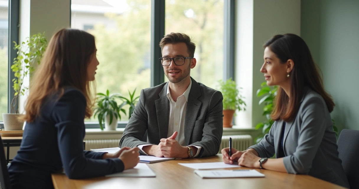 Compañeros conversando con límites sanos en oficina 